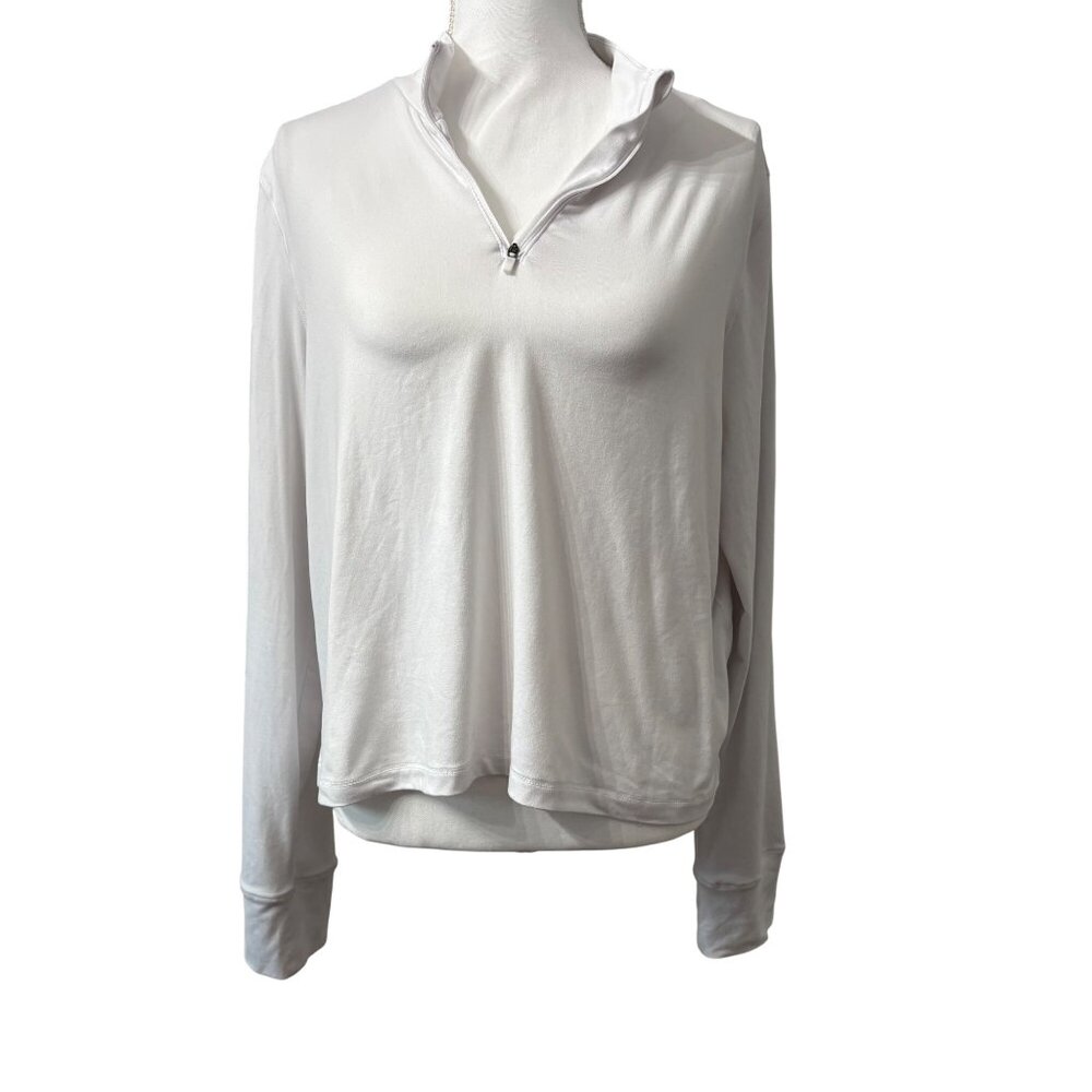 Womens White Long Sleeve Casual Quarter Zip Pullover Minimalist Top Size L